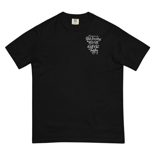 Women's God Is Within Her She Will Not Fall White Lettering Garment-Dyed Heavyweight t-shirt